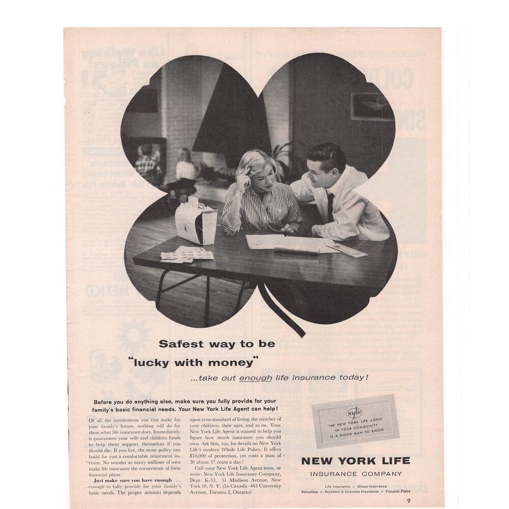 New York Life Insurance Magazine Advertisement Vintage B&W 1960s Luck Shamrock